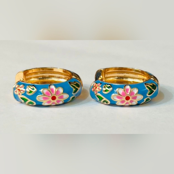 Revolve Petit Moments Art Deco Floral Enamel Mini Hoops in Blue - Picture 7 of 7